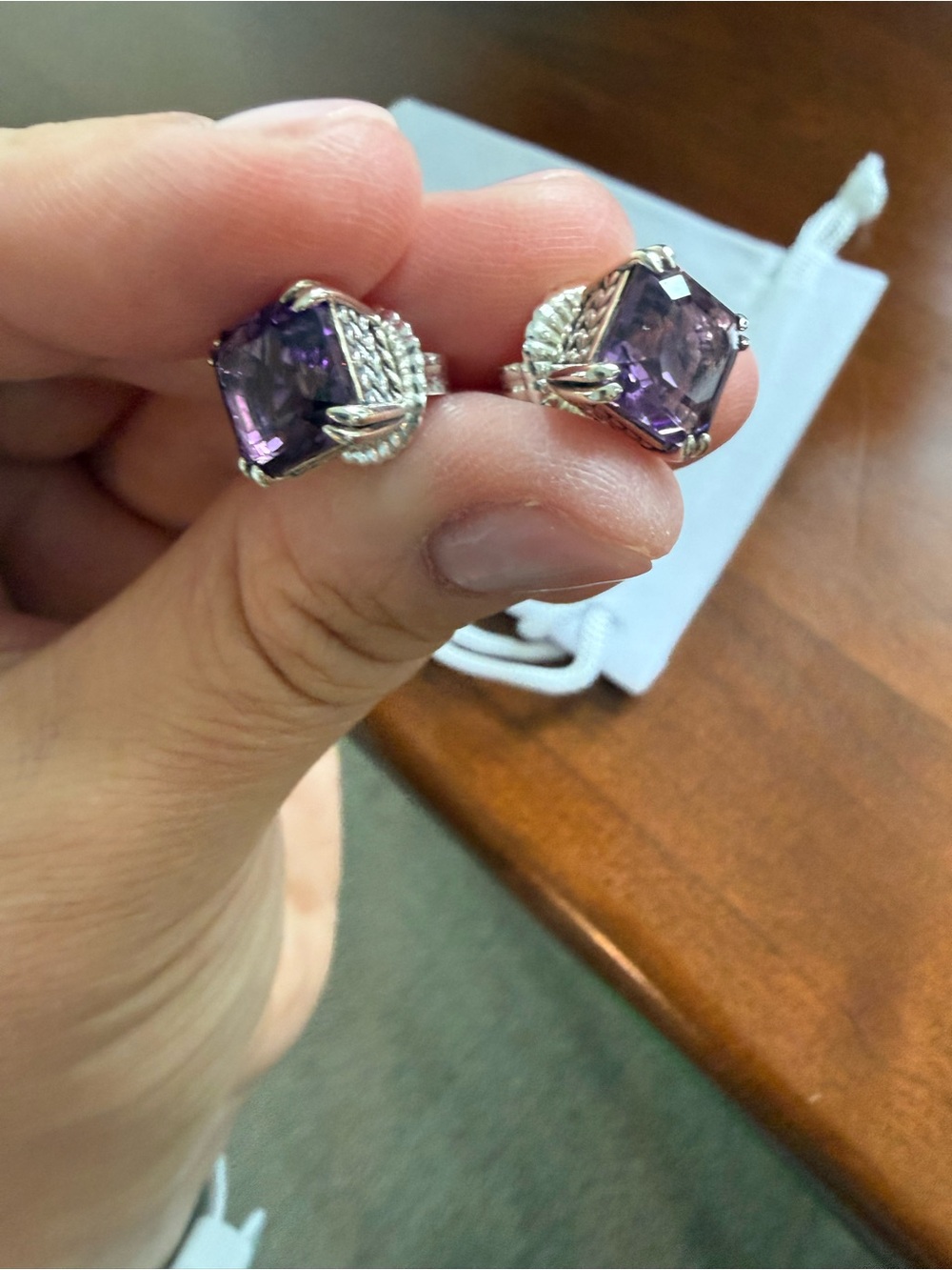 JAI Sterling Silver Asscher Cut Amethyst Gemstone Ring & Earring Set, size 5 - Picture 2 of 11
